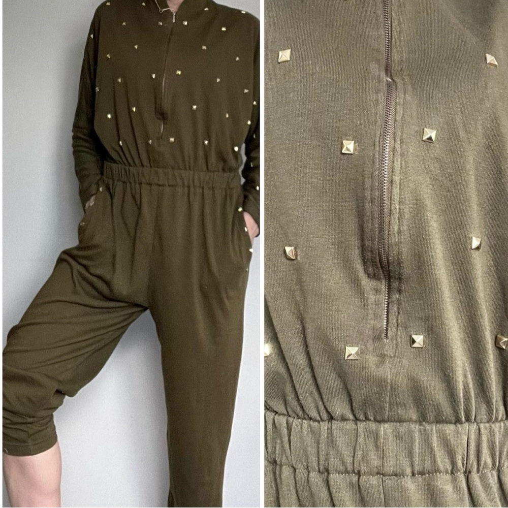 Vintage Army Green Jumpsuit with Gold Studs - medium